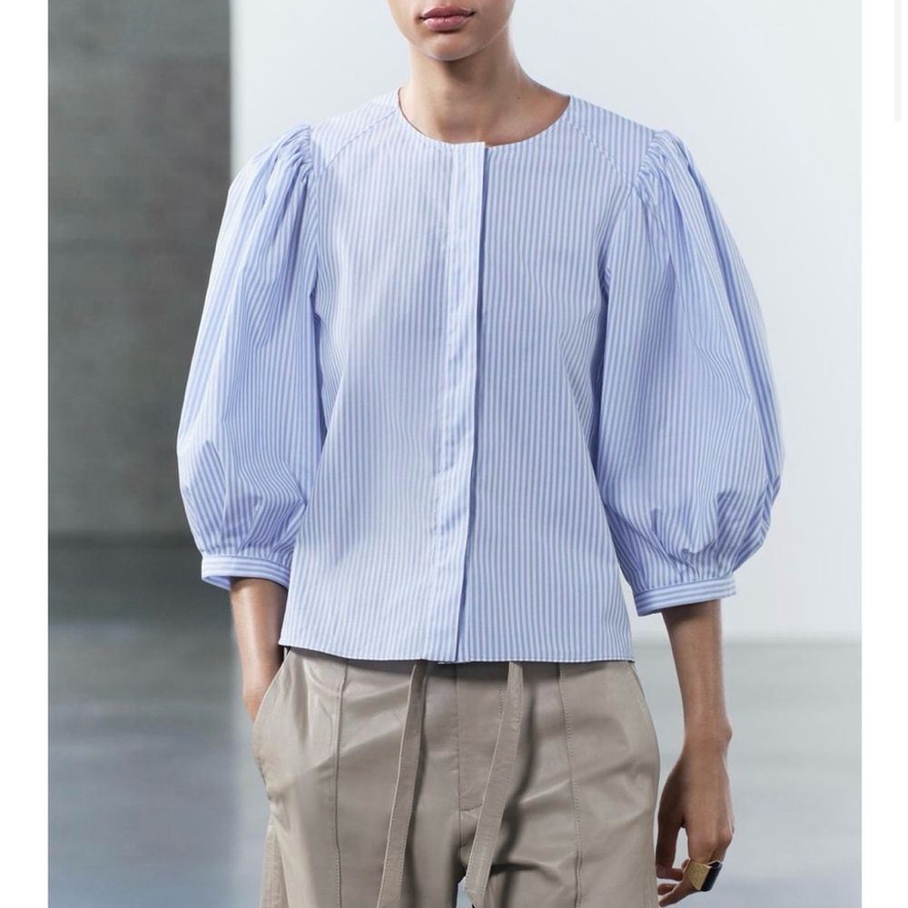 Zara Cotton Puff Sleeve Blouse Blue Stripe Small - Picture 2 of 9